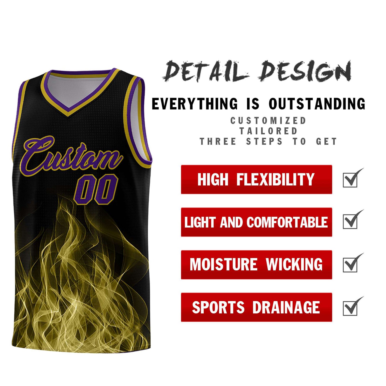 Custom Youth Basketball Jersey Black Purple Flame Design Unique Team Uniform Set