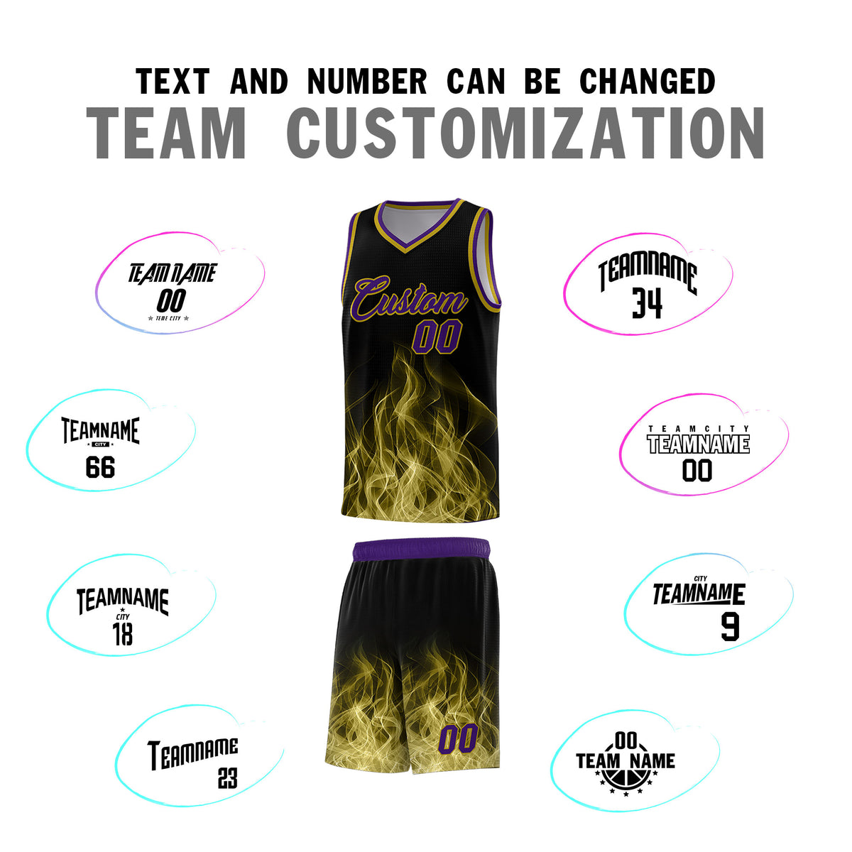 Custom Youth Basketball Jersey Black Purple Flame Design Unique Team Uniform Set