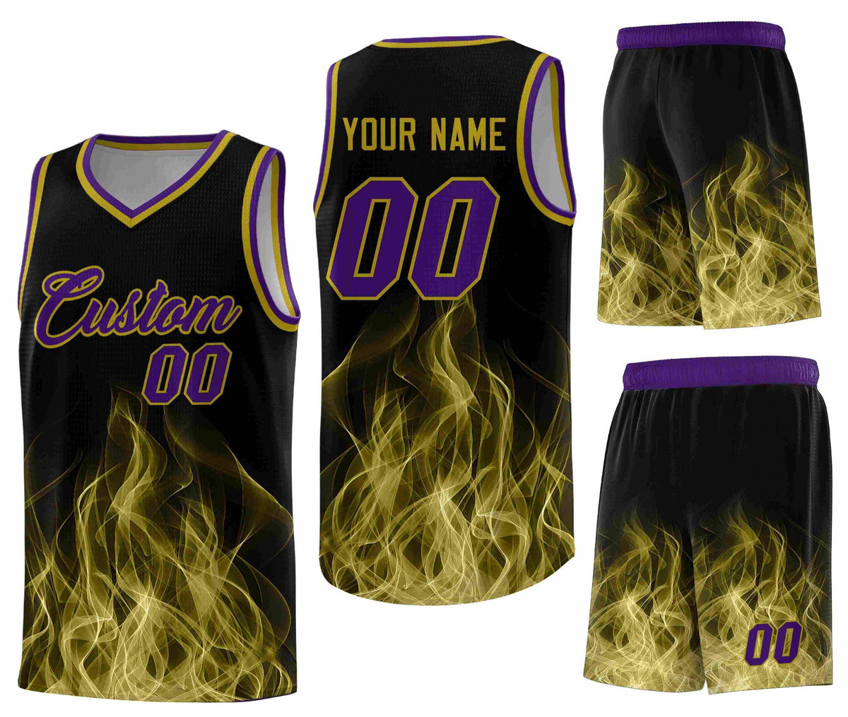 Custom Black Purple Flame Graffiti Pattern Drapable Personalized Uniform Basketball Jersey