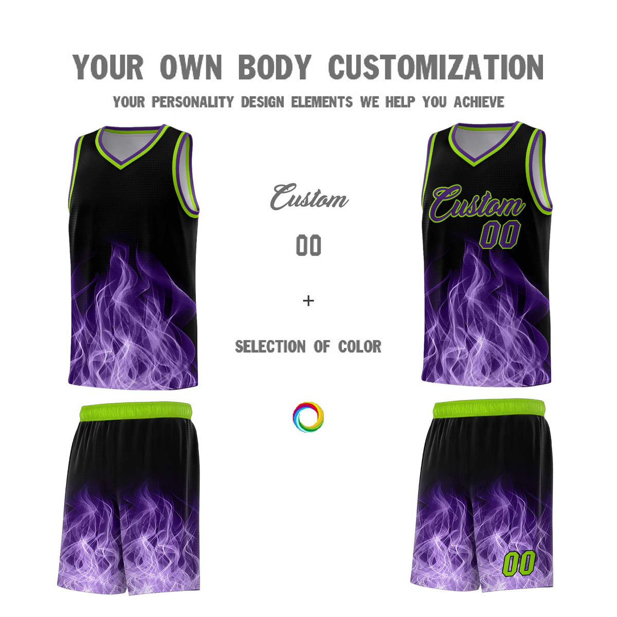 Custom Youth Basketball Jersey Black Neon Green Flame Fire Design Personalized Team Uniform Set