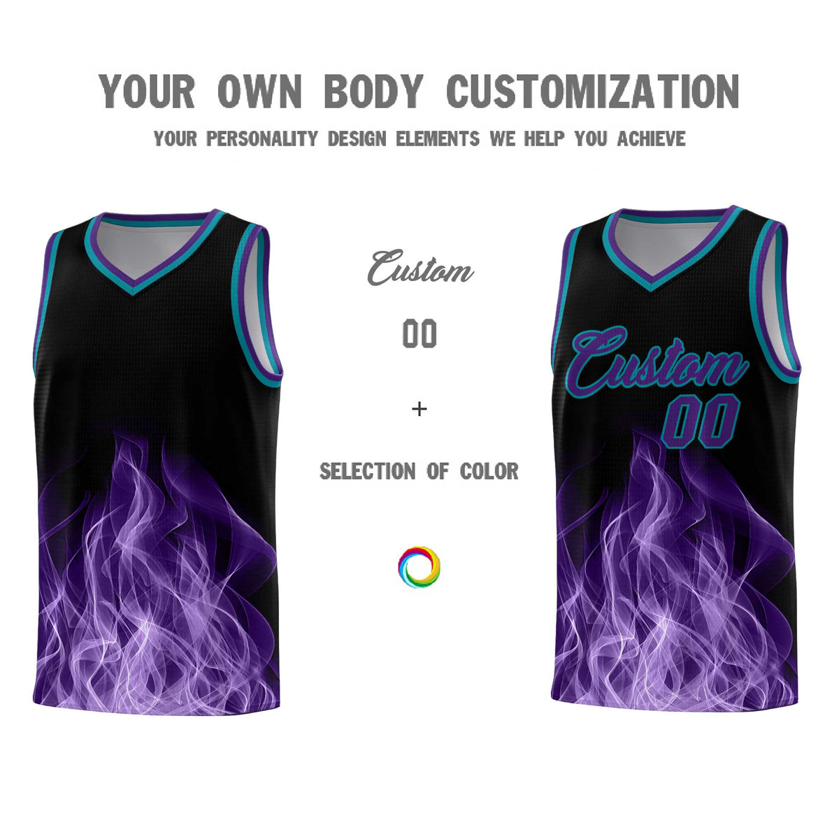 Custom Youth Basketball Jersey Black Teal Flame Design Unique Team Uniform Set