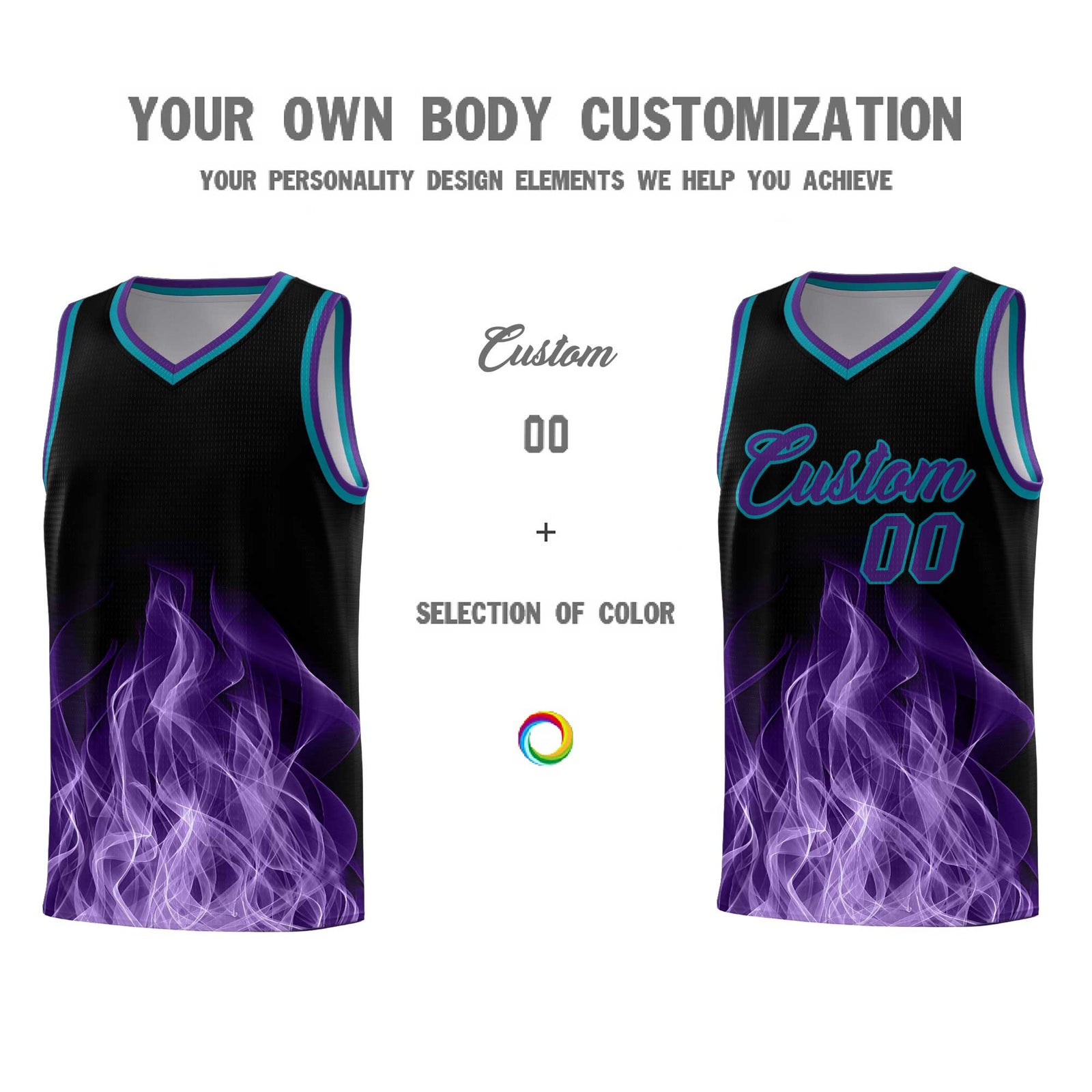 Custom Youth Basketball Jersey Black Teal Flame Design Unique Team Uniform Set