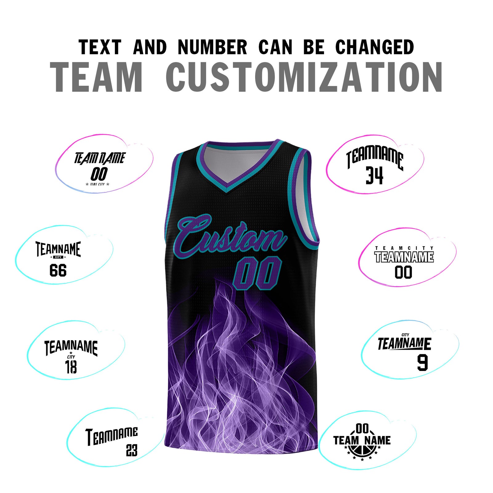 Custom Youth Basketball Jersey Black Teal Flame Design Unique Team Uniform Set