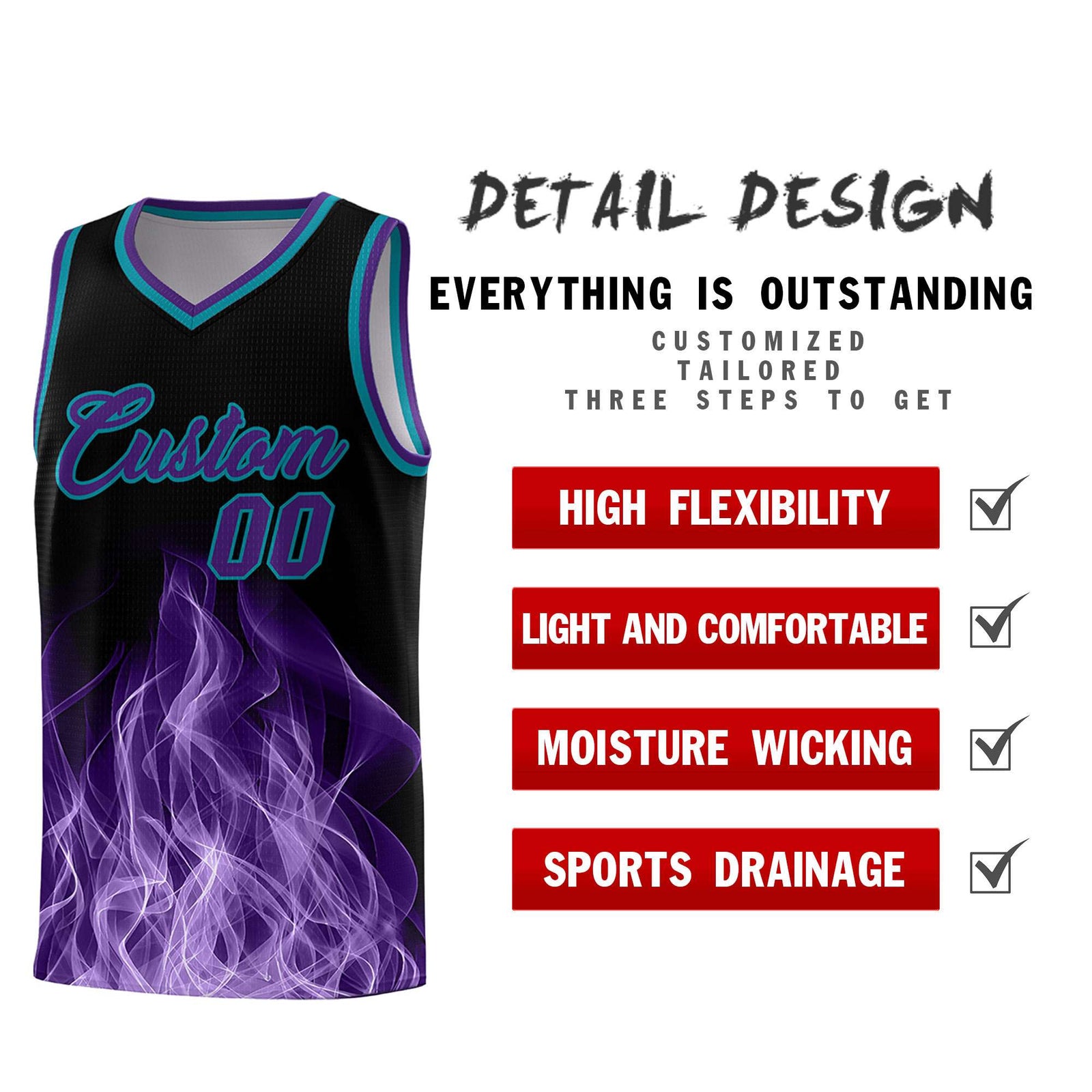 Custom Youth Basketball Jersey Black Teal Flame Design Unique Team Uniform Set