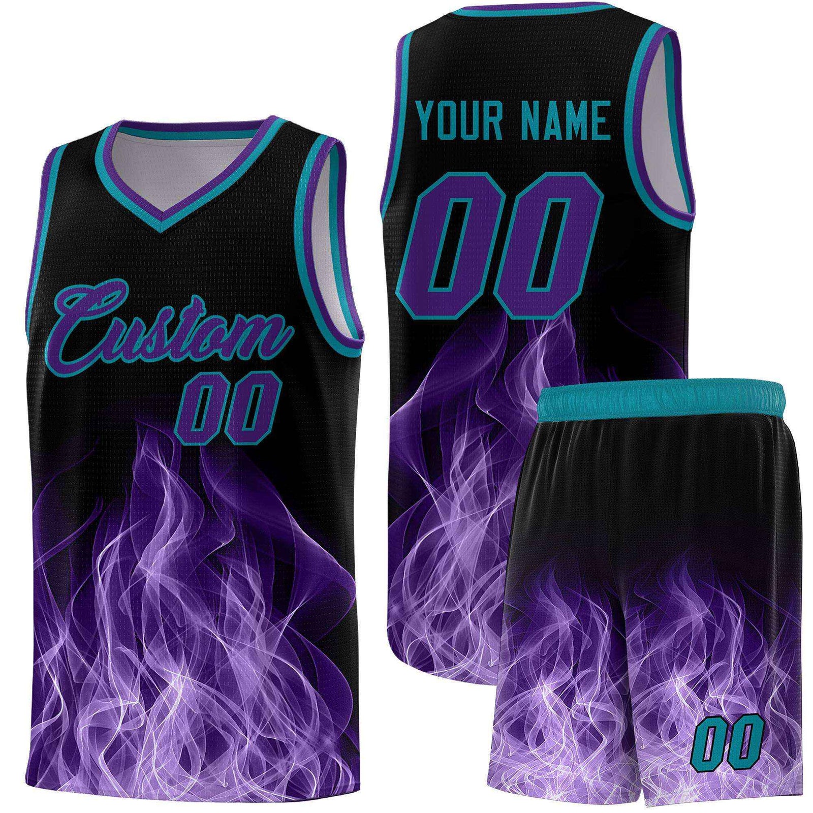 Custom Youth Basketball Jersey Black Teal Flame Design Unique Team Uniform Set