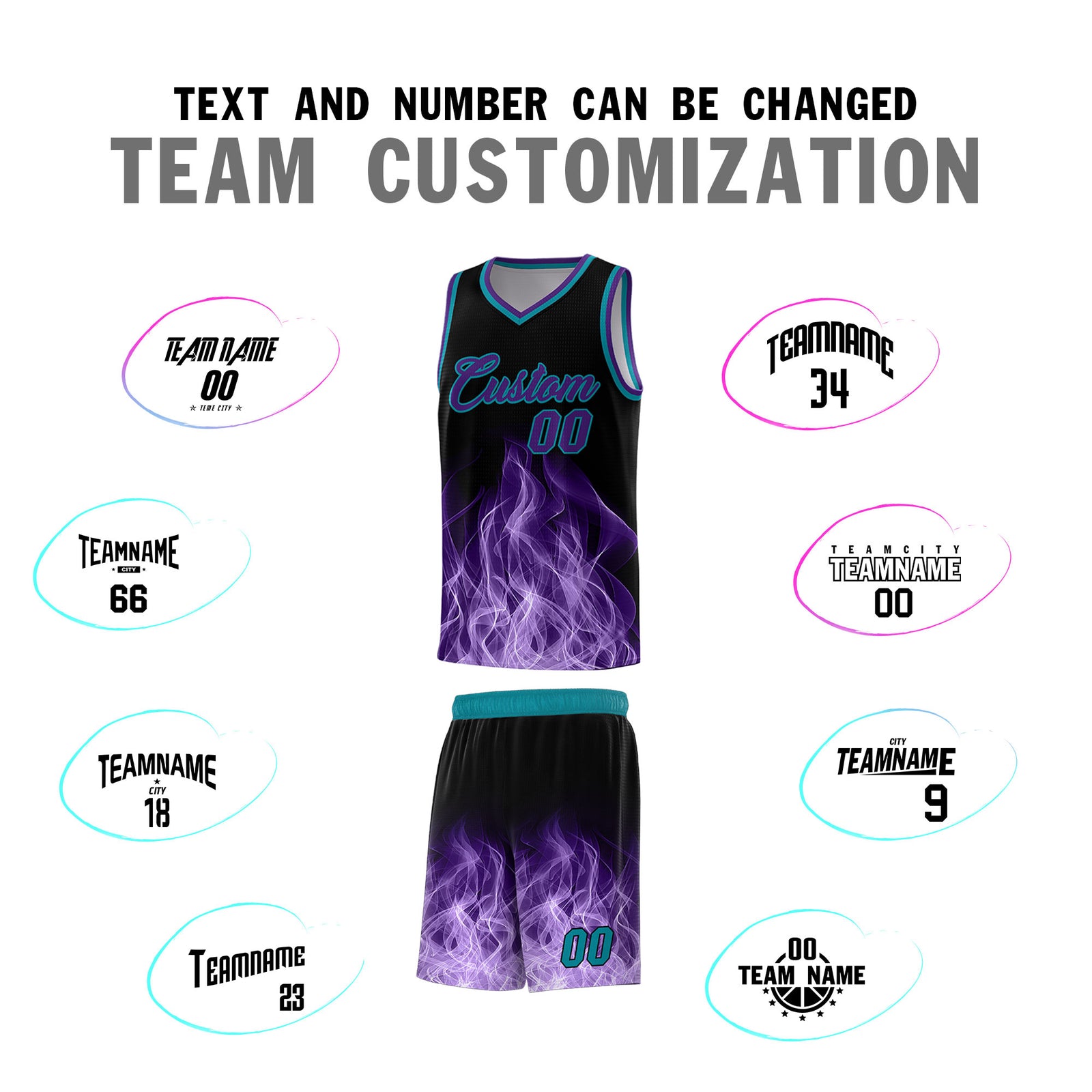 Custom Youth Basketball Jersey Black Teal Flame Design Unique Team Uniform Set