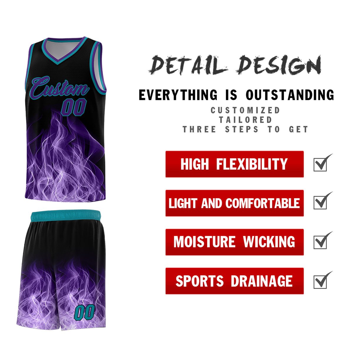 Custom Youth Basketball Jersey Black Teal Flame Design Unique Team Uniform Set