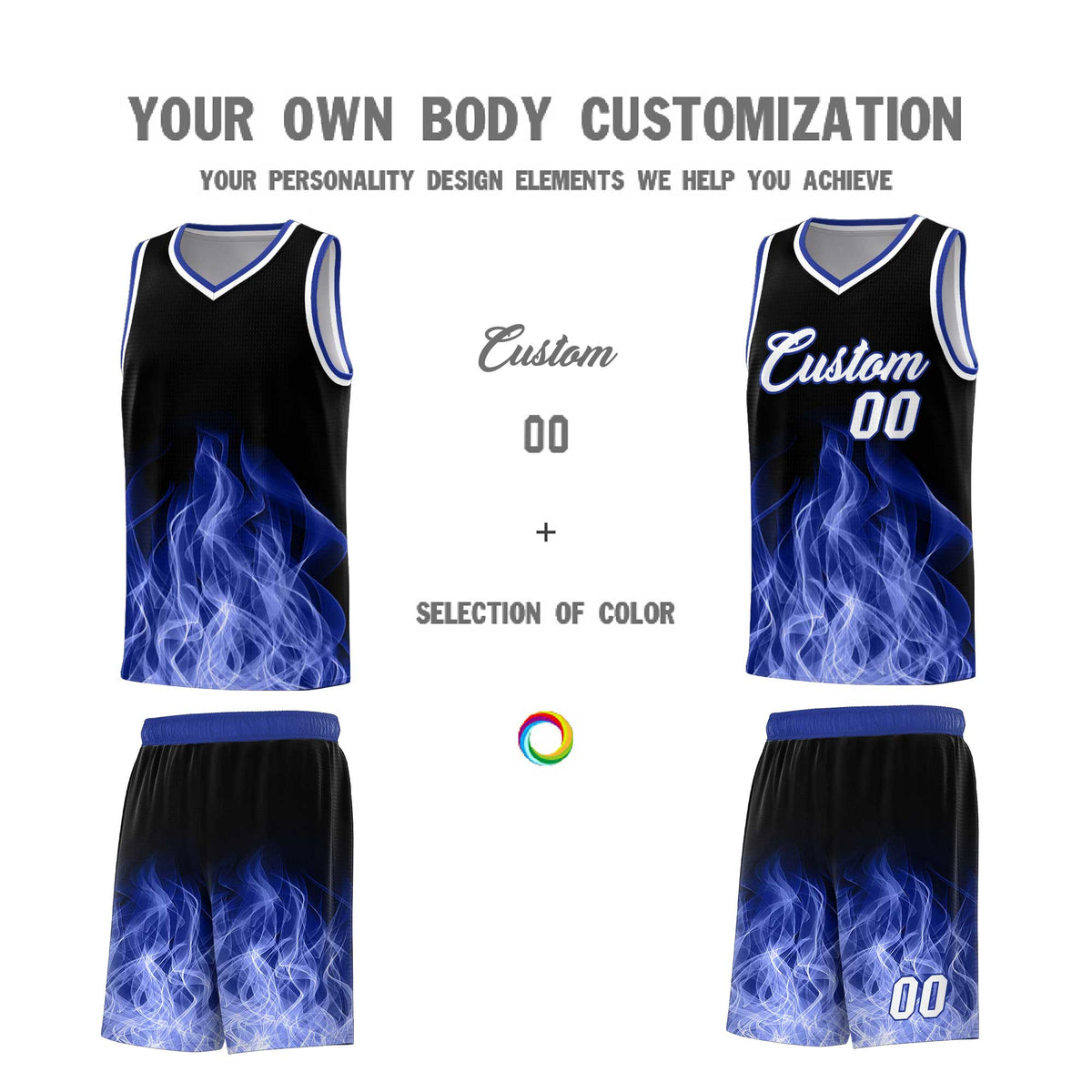 Custom Youth Basketball Jersey Black Royal Flame Design Personalized Team Uniform Set
