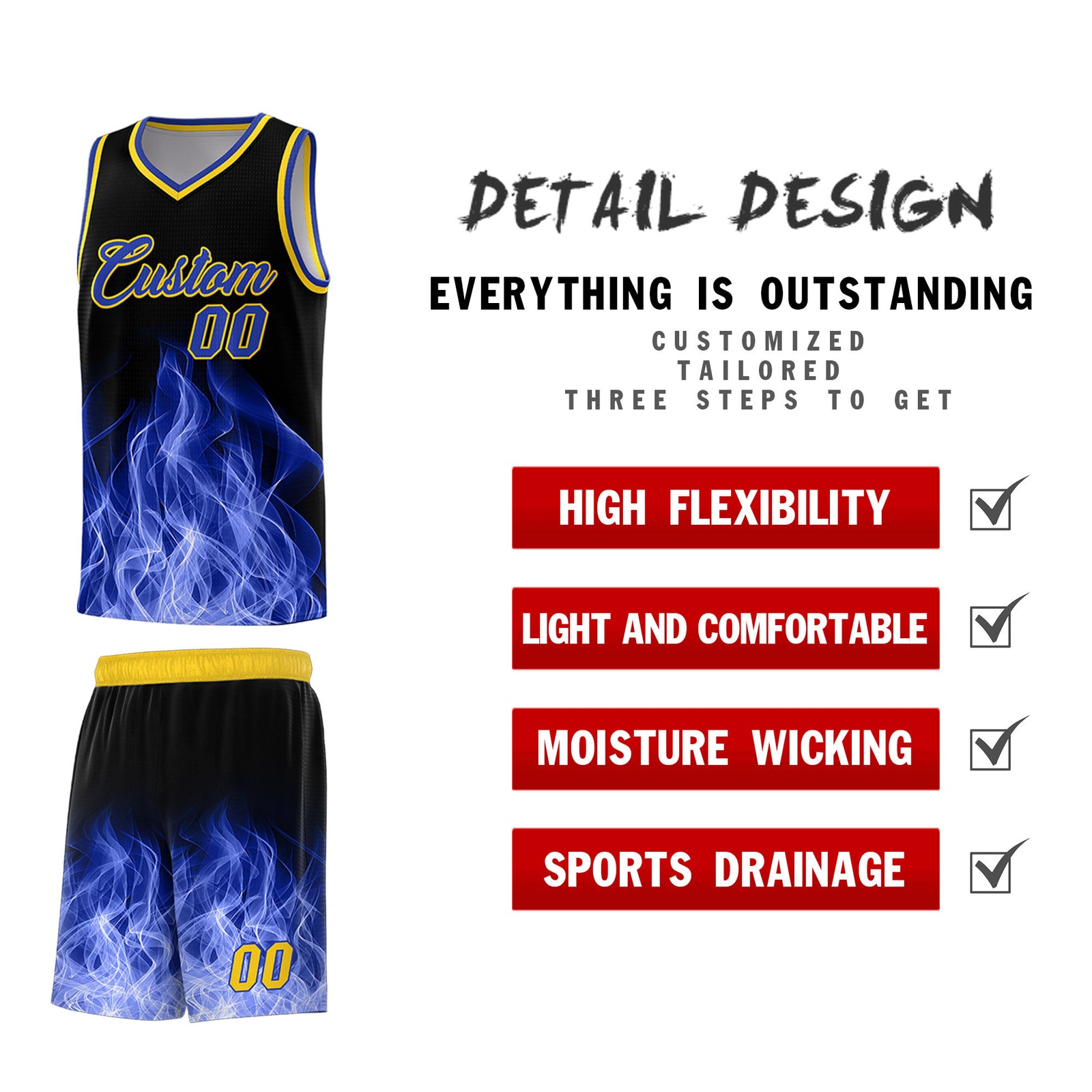 Custom Youth Basketball Jersey Black Gold Flame Fire Design Personalized Team Uniform Set
