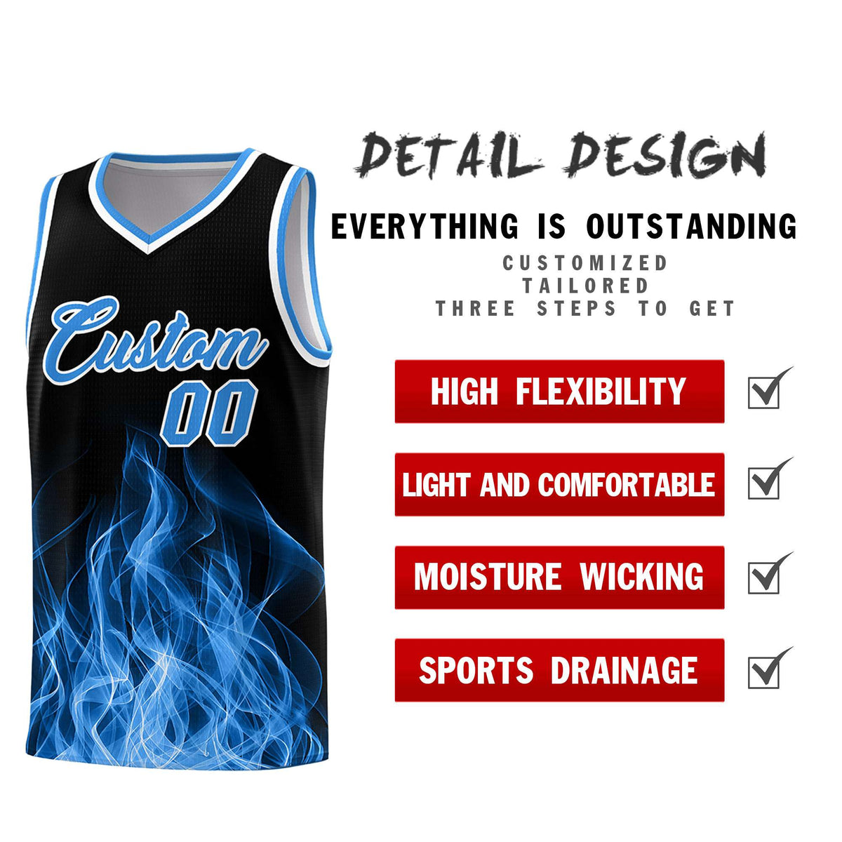 Custom Youth Basketball Jersey Black Light Blue Flame Design Unique Team Uniform Set