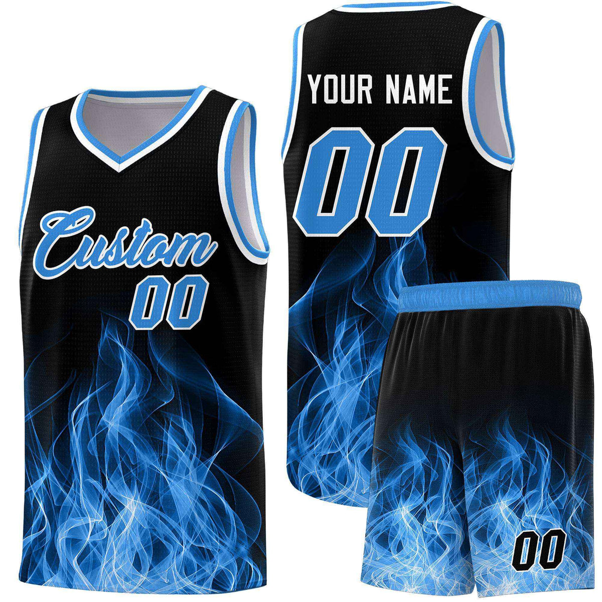 Custom Youth Basketball Jersey Black Light Blue Flame Design Unique Team Uniform Set