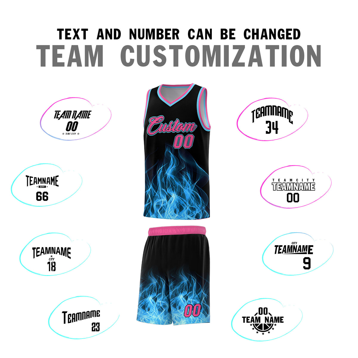 Custom Youth Basketball Jersey Black Pink Flame Design Personalized Team Uniform Set