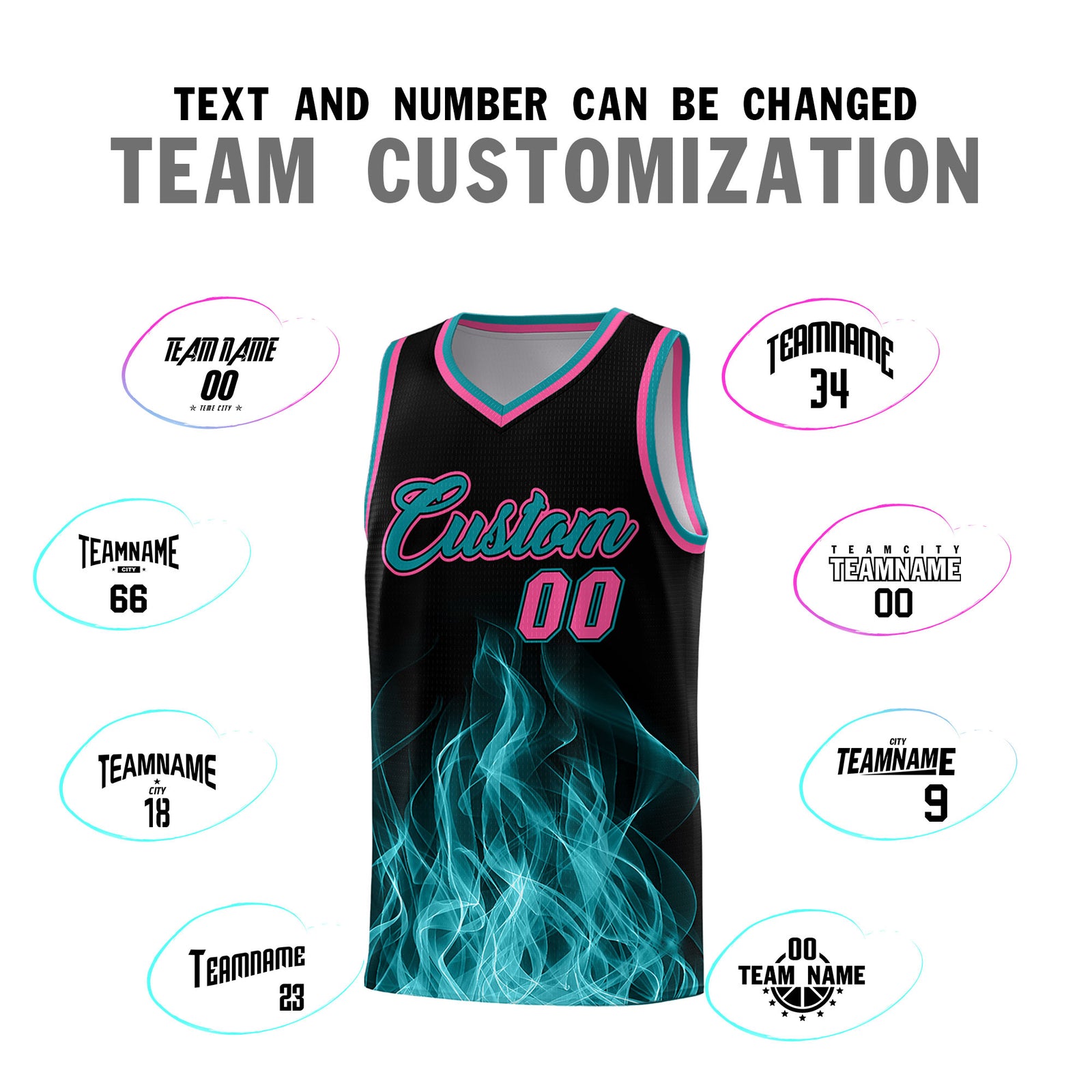 Custom Youth Basketball Jersey Black Teal Flame Fire Design Personalized Team Uniform Set