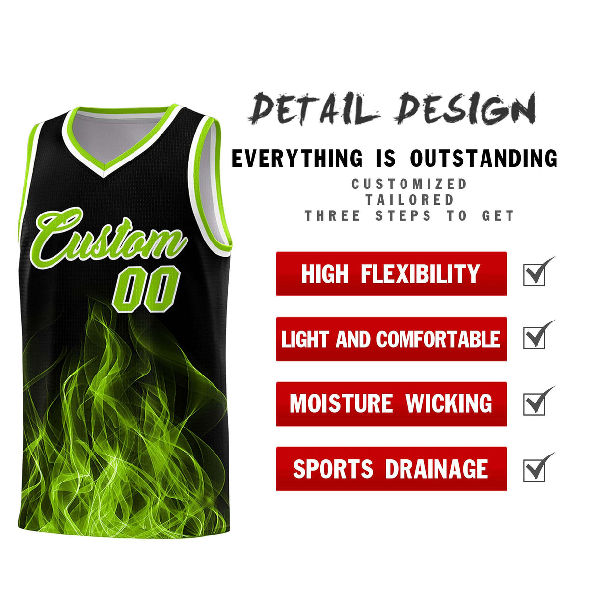 Custom Youth Basketball Jersey Black Neon Green Flame Design Personalized Team Uniform Set