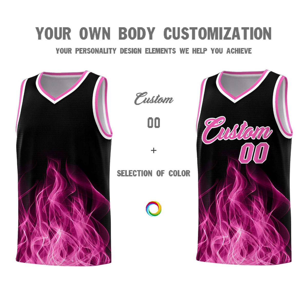 Custom Youth Basketball Jersey Black Pink Flame Fire Design Personalized Team Uniform Set