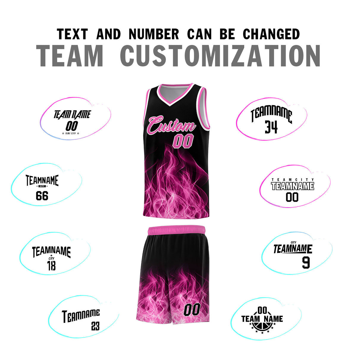 Custom Youth Basketball Jersey Black Pink Flame Fire Design Personalized Team Uniform Set