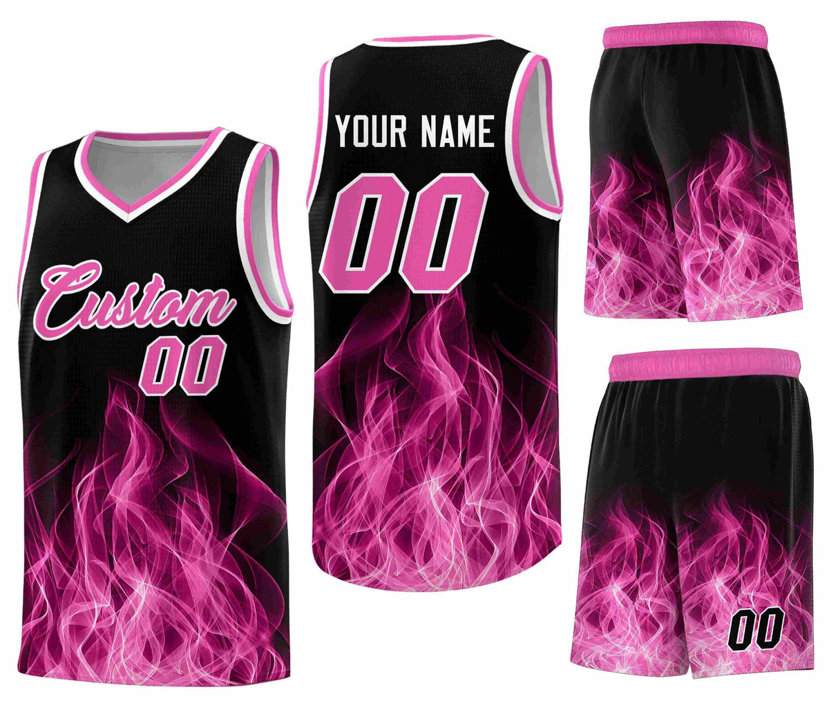 Custom Black Pink Flame Graffiti Pattern Wrinkle-Resistant Personalized Uniform Basketball Jersey