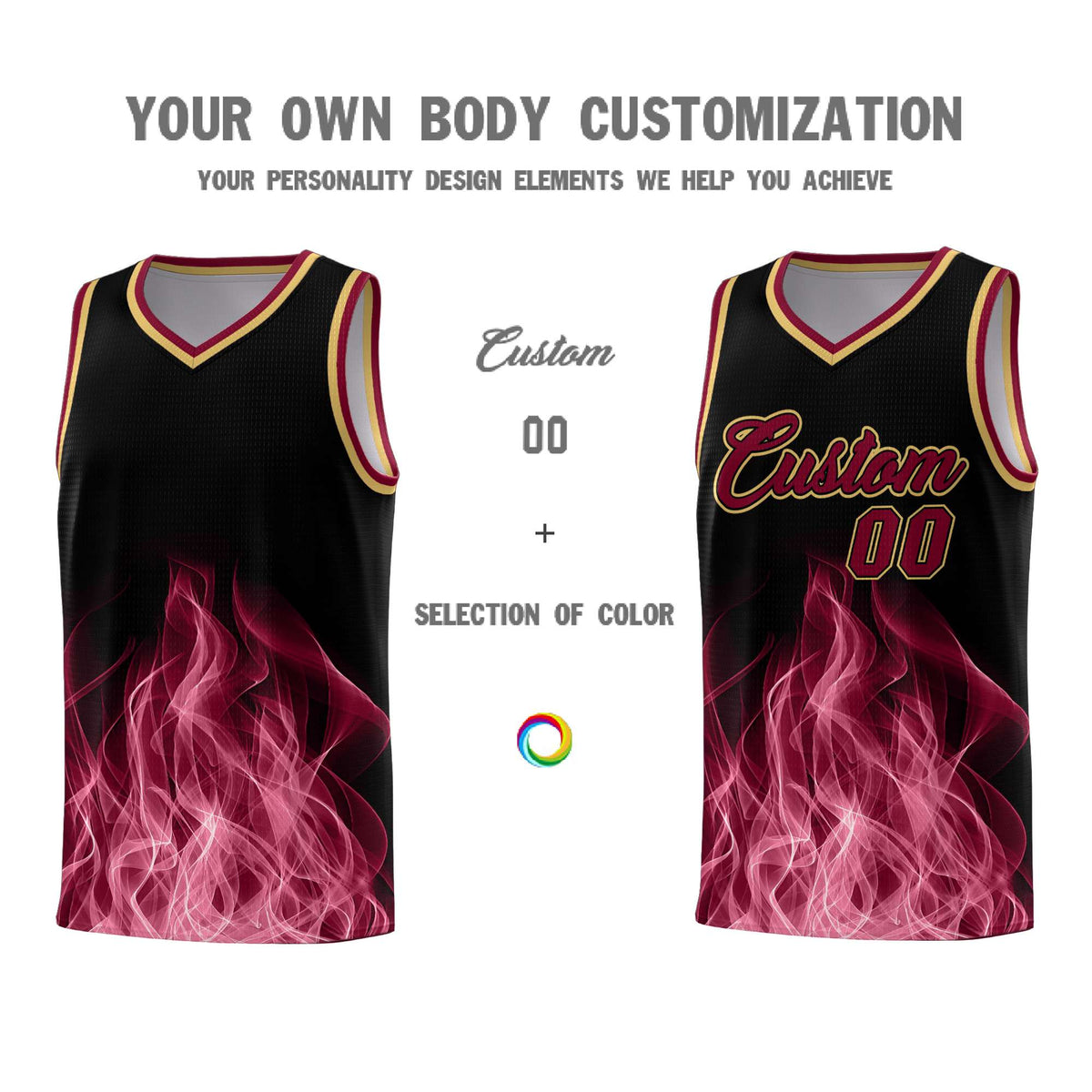 Custom Youth Basketball Jersey Black Crimson Flame Design Unique Team Uniform Set