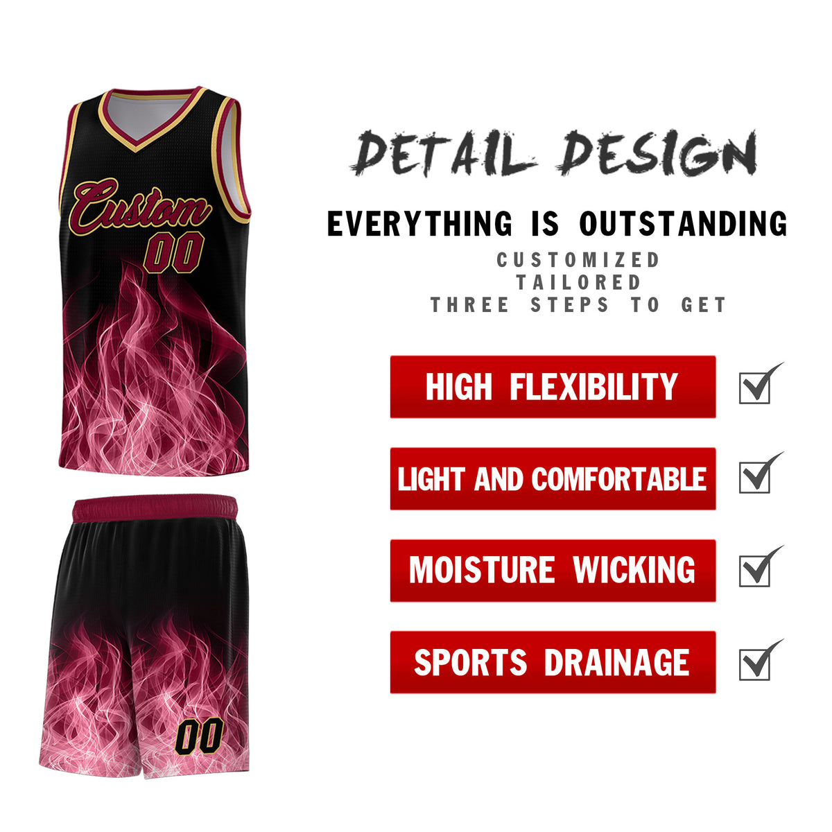 Custom Youth Basketball Jersey Black Crimson Flame Design Unique Team Uniform Set