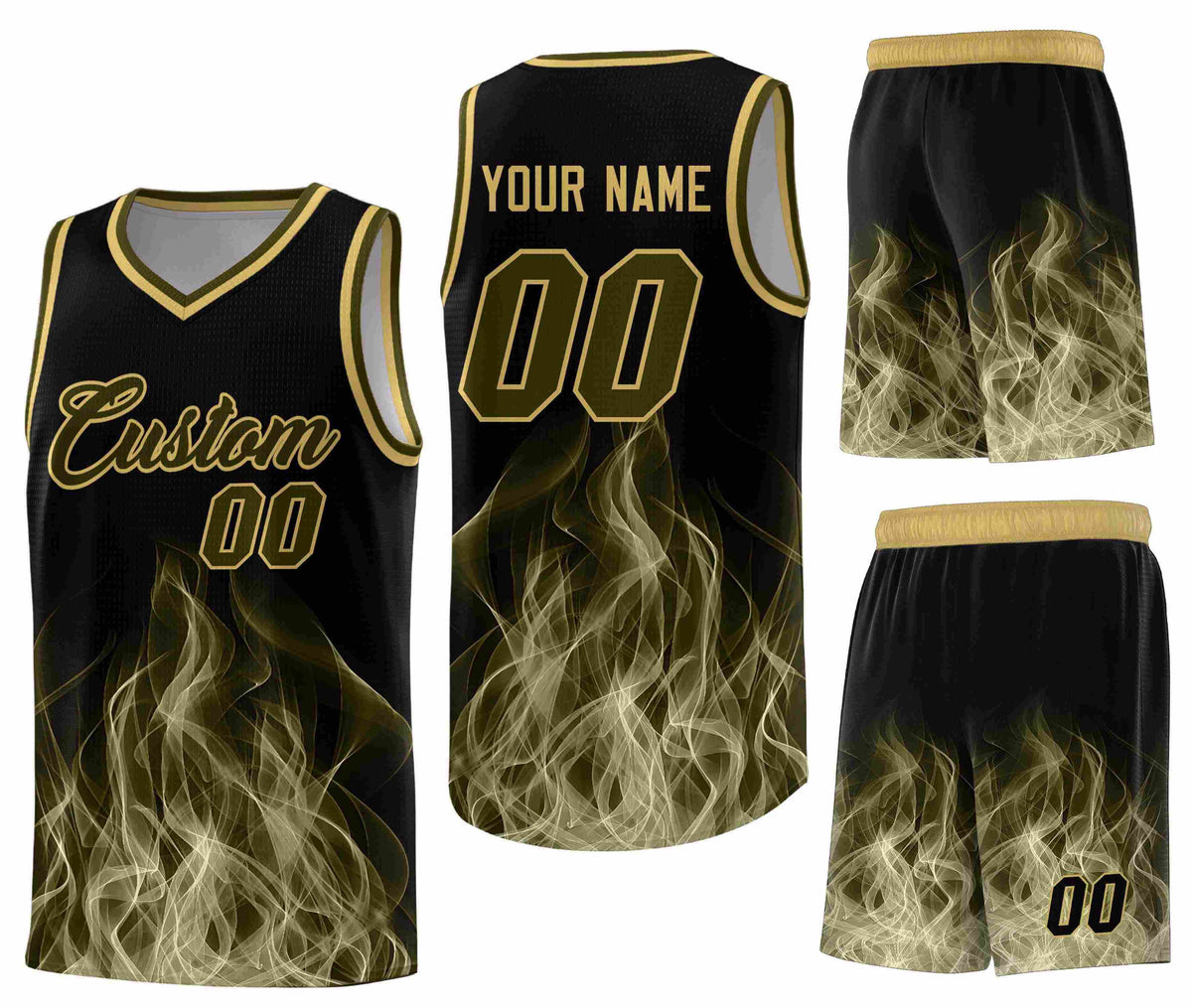 Custom Black Khaki Flame Graffiti Pattern Sublimation Printing Personalized Uniform Basketball Jersey