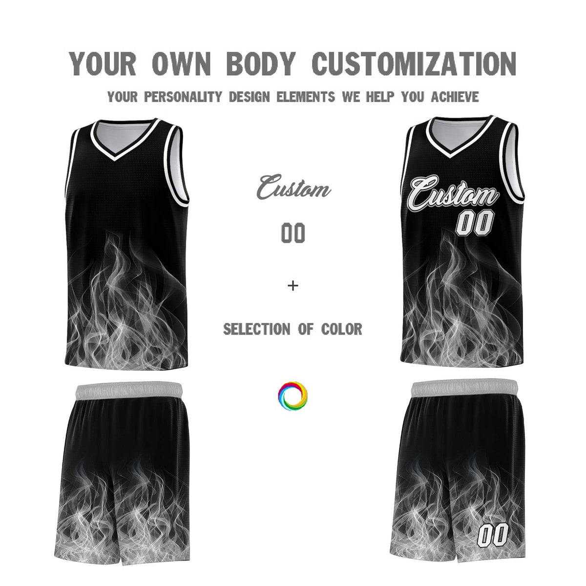 Custom Youth Basketball Jersey Black Gray Flame Fire Design Personalized Team Uniform Set