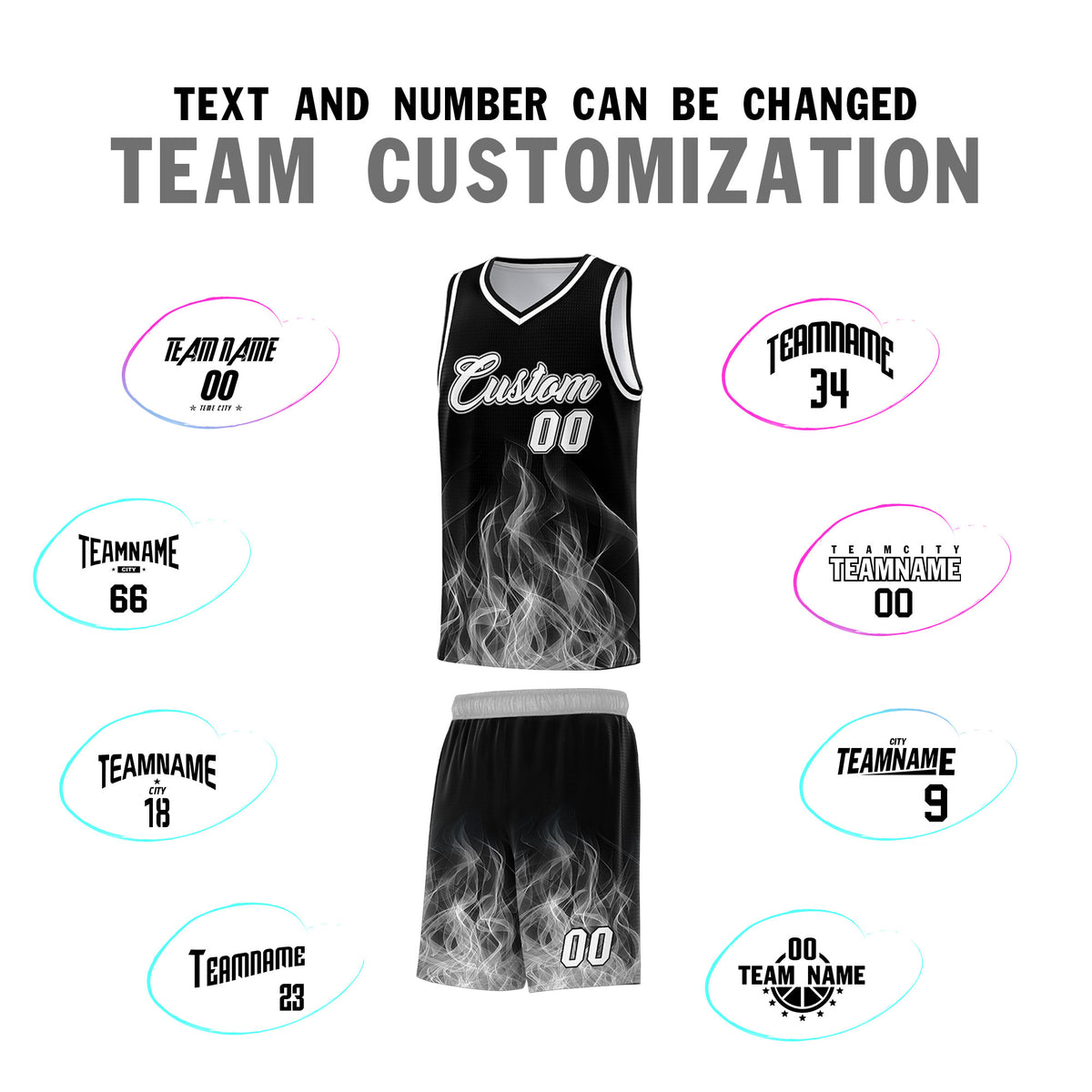 Custom Youth Basketball Jersey Black Gray Flame Fire Design Personalized Team Uniform Set