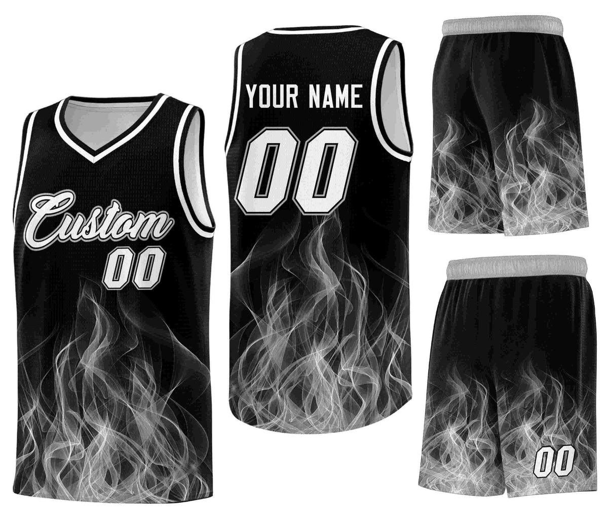 Custom Black Gray Flame Graffiti Pattern Breathable Personalized Uniform Basketball Jersey
