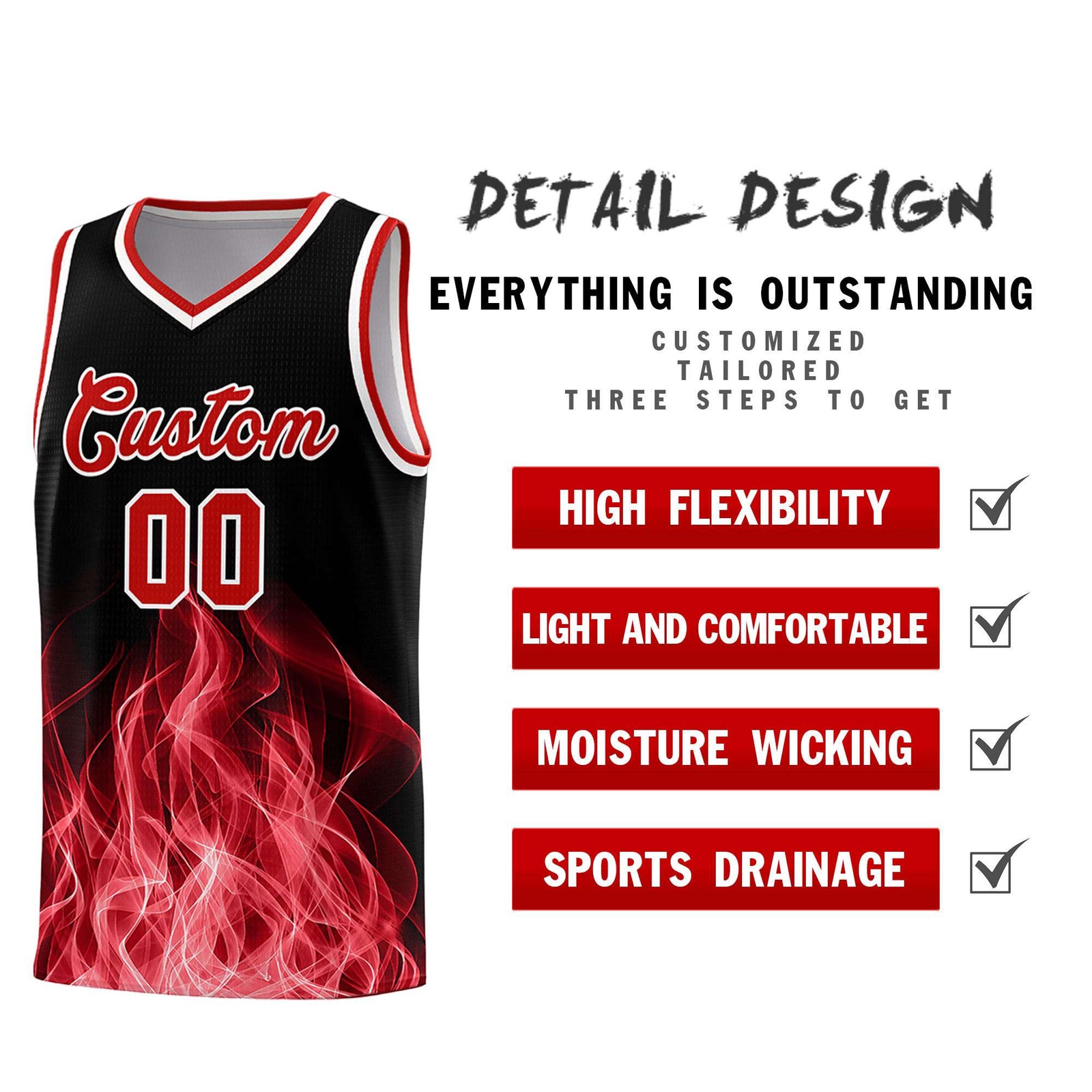 Custom Youth Basketball Jersey Black Red Flame Fire Design Personalized Team Uniform Set