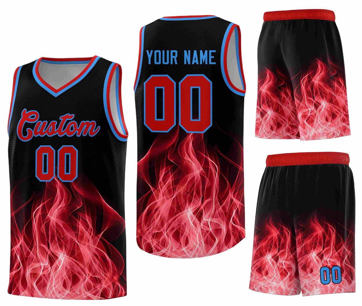 Custom Black Red Flame Graffiti Pattern Quick-Drying Personalized Uniform Basketball Jersey