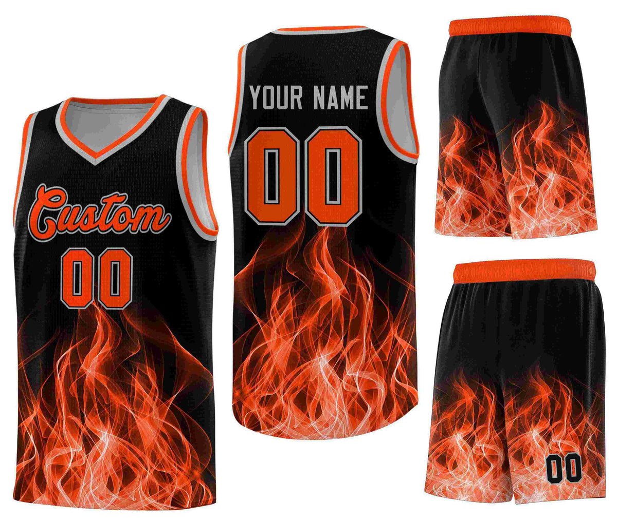 Custom Black Orange Flame Graffiti Pattern Drapable Personalized Uniform Basketball Jersey