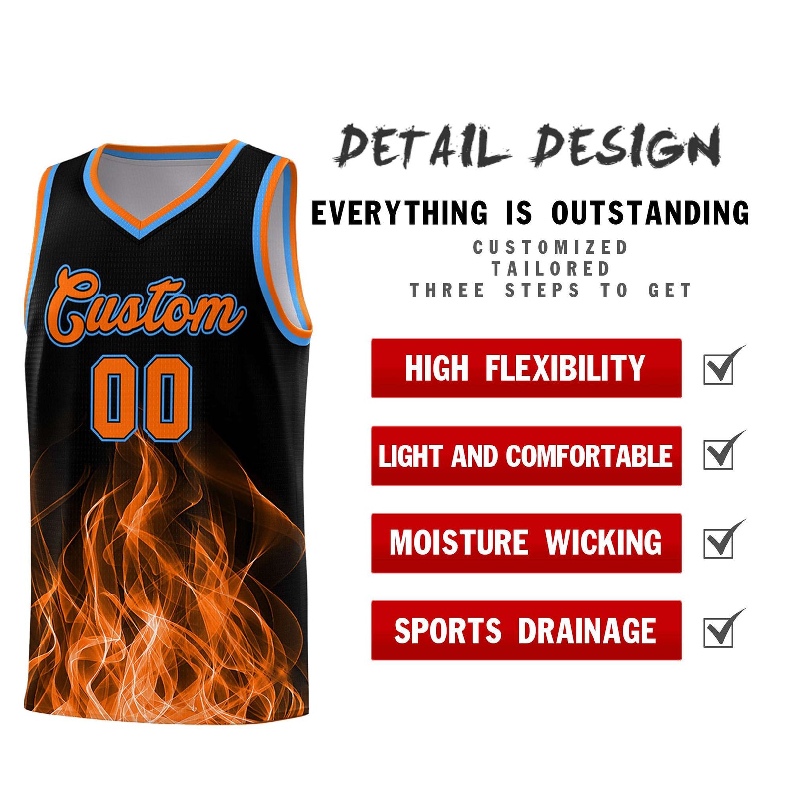 Custom Youth Basketball Jersey Black Orange Flame Design Personalized Team Uniform Set