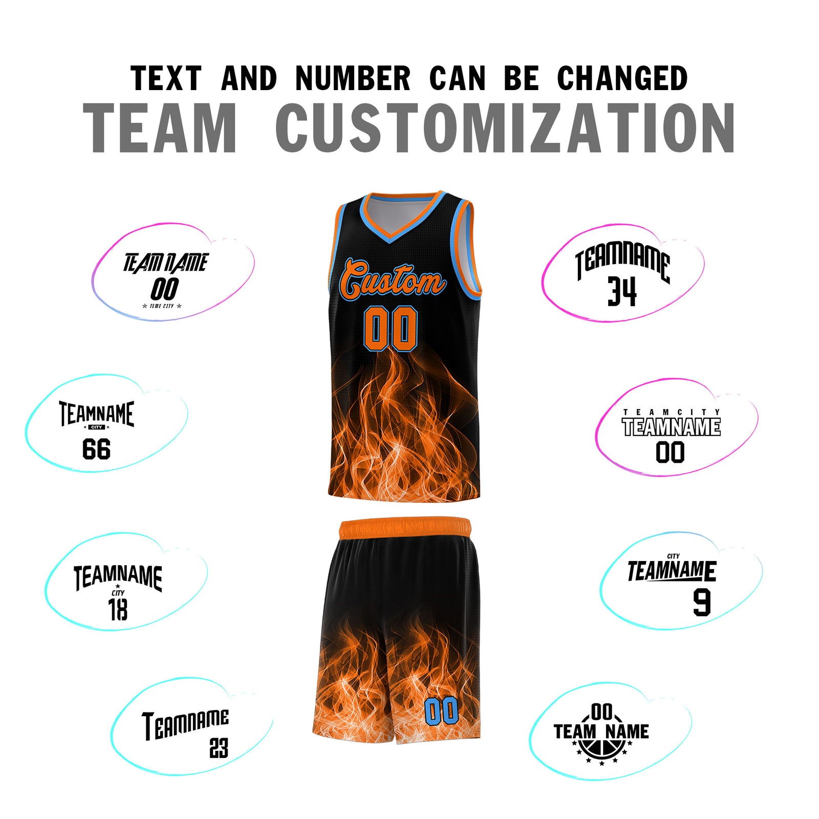 Custom Youth Basketball Jersey Black Orange Flame Design Personalized Team Uniform Set