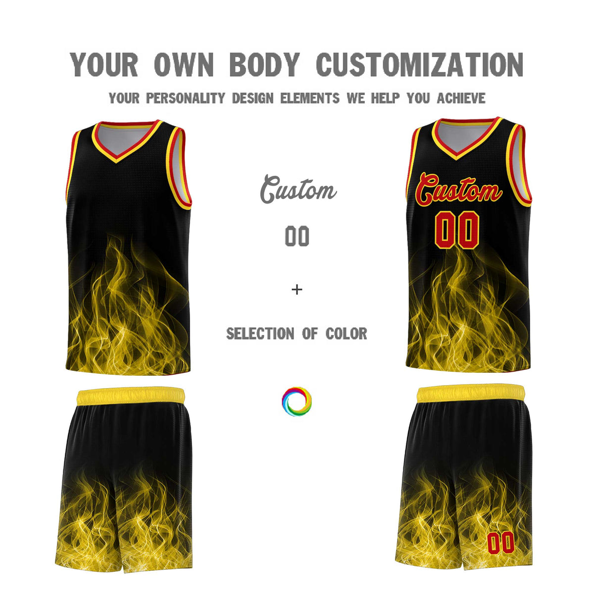 Custom Youth Basketball Jersey Black Gold Flame Design Unique Team Uniform Set
