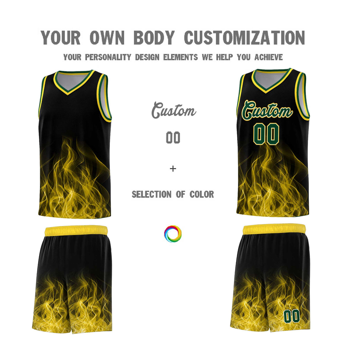 Custom Youth Basketball Jersey Black Gold Flame Design Personalized Team Uniform Set