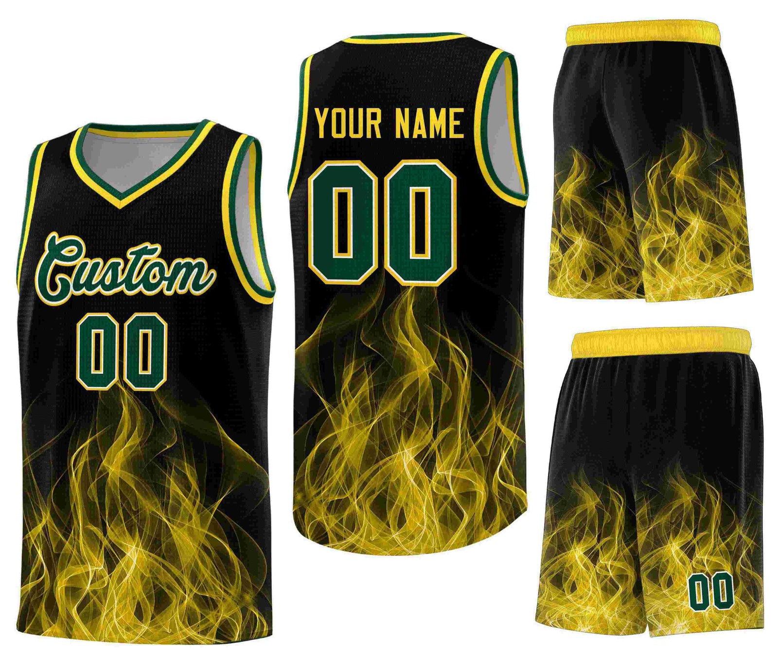 Custom Black Gold Flame Graffiti Pattern Lightweight Personalized Uniform Basketball Jersey