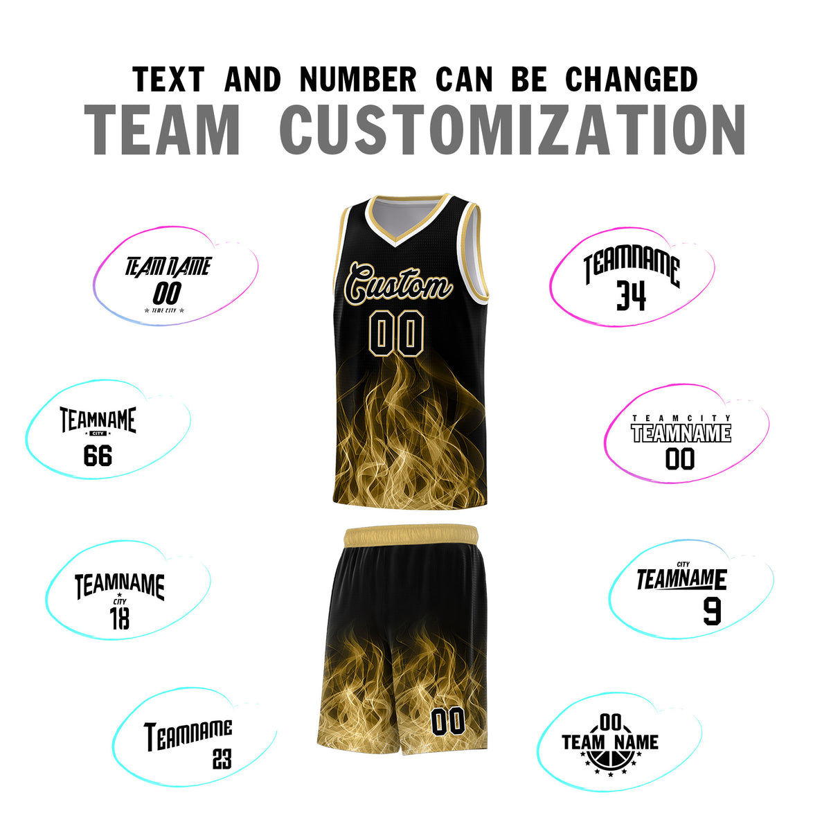Custom Youth Basketball Jersey Black Old Gold Flame Fire Design Personalized Team Uniform Set