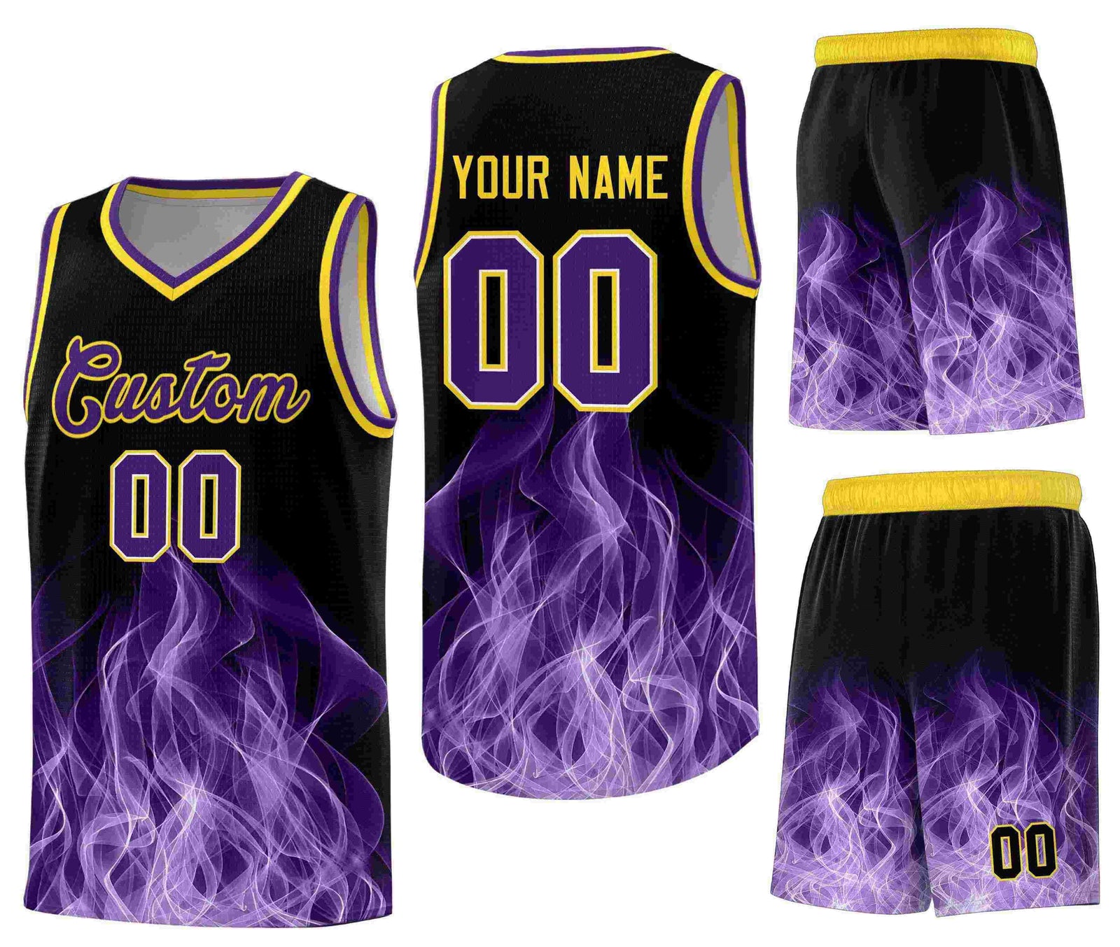 Custom Black Gold Flame Graffiti Pattern Sublimation Printing Personalized Uniform Basketball Jersey