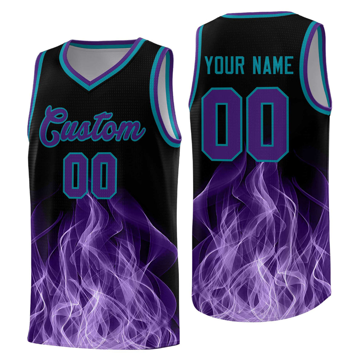 Custom Youth Basketball Jersey Black Teal Flame Design Unique Team Uniform Set
