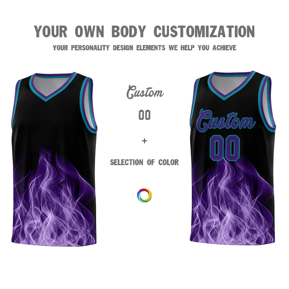 Custom Youth Basketball Jersey Black Teal Flame Design Unique Team Uniform Set