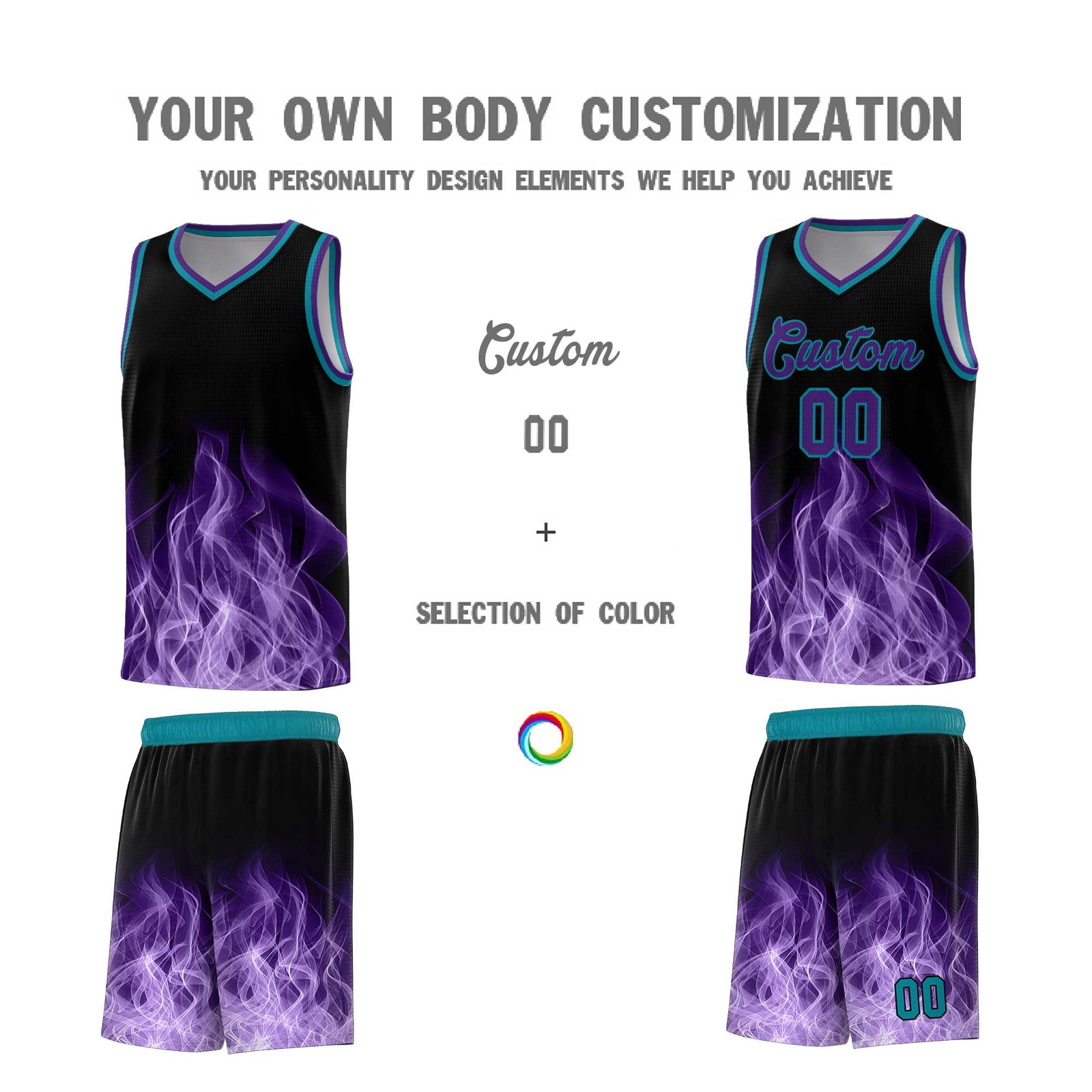 Custom Youth Basketball Jersey Black Teal Flame Design Unique Team Uniform Set