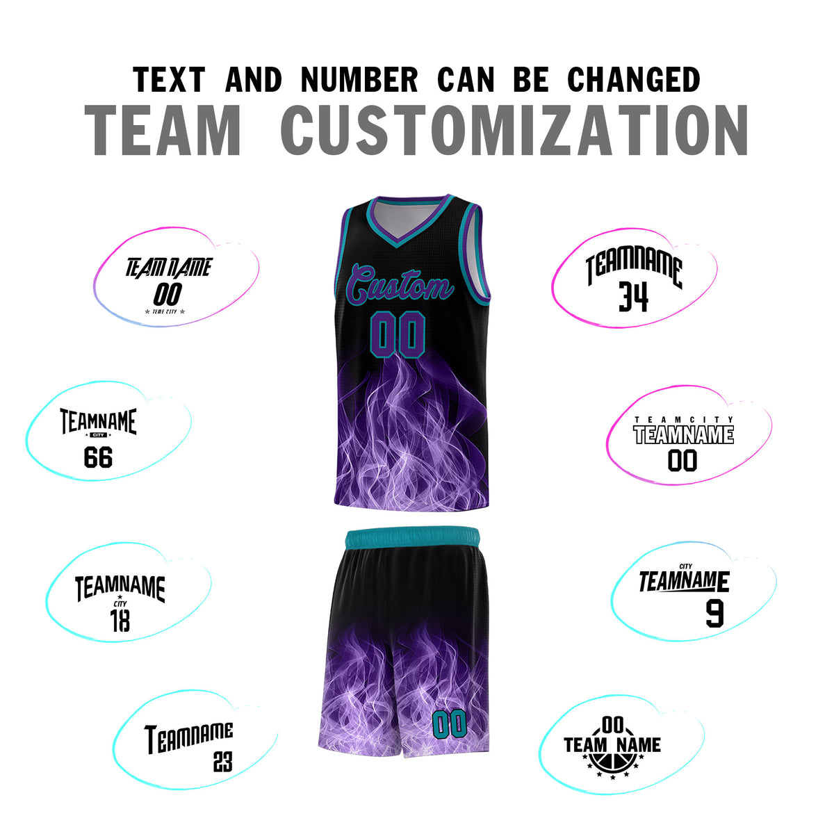 Custom Youth Basketball Jersey Black Teal Flame Design Unique Team Uniform Set