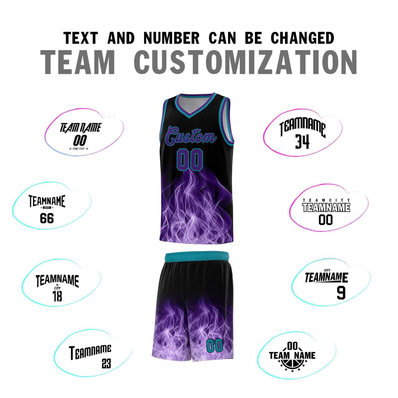 Custom Youth Basketball Jersey Black Teal Flame Design Unique Team Uniform Set