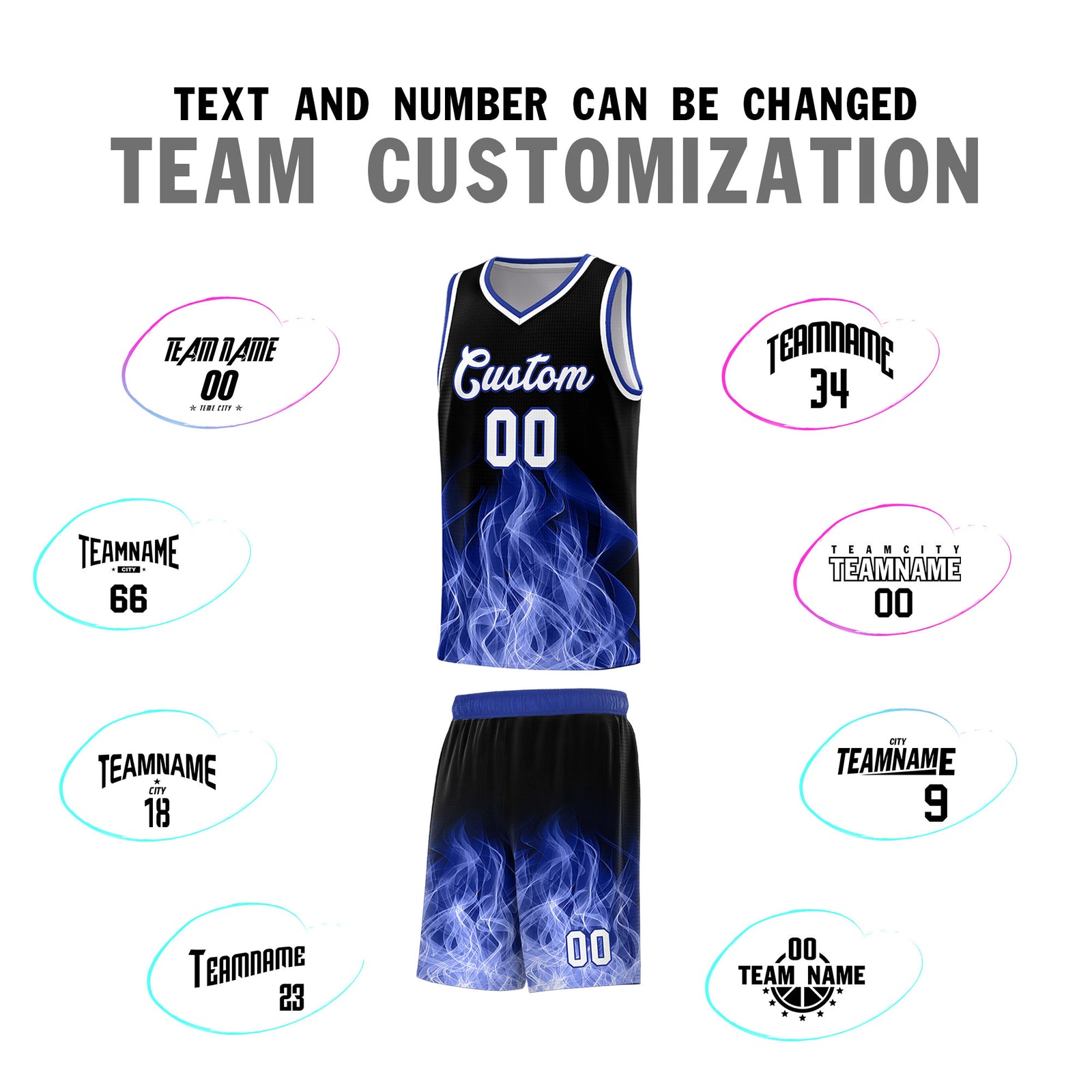 Custom Youth Basketball Jersey Black Royal Flame Design Personalized Team Uniform Set