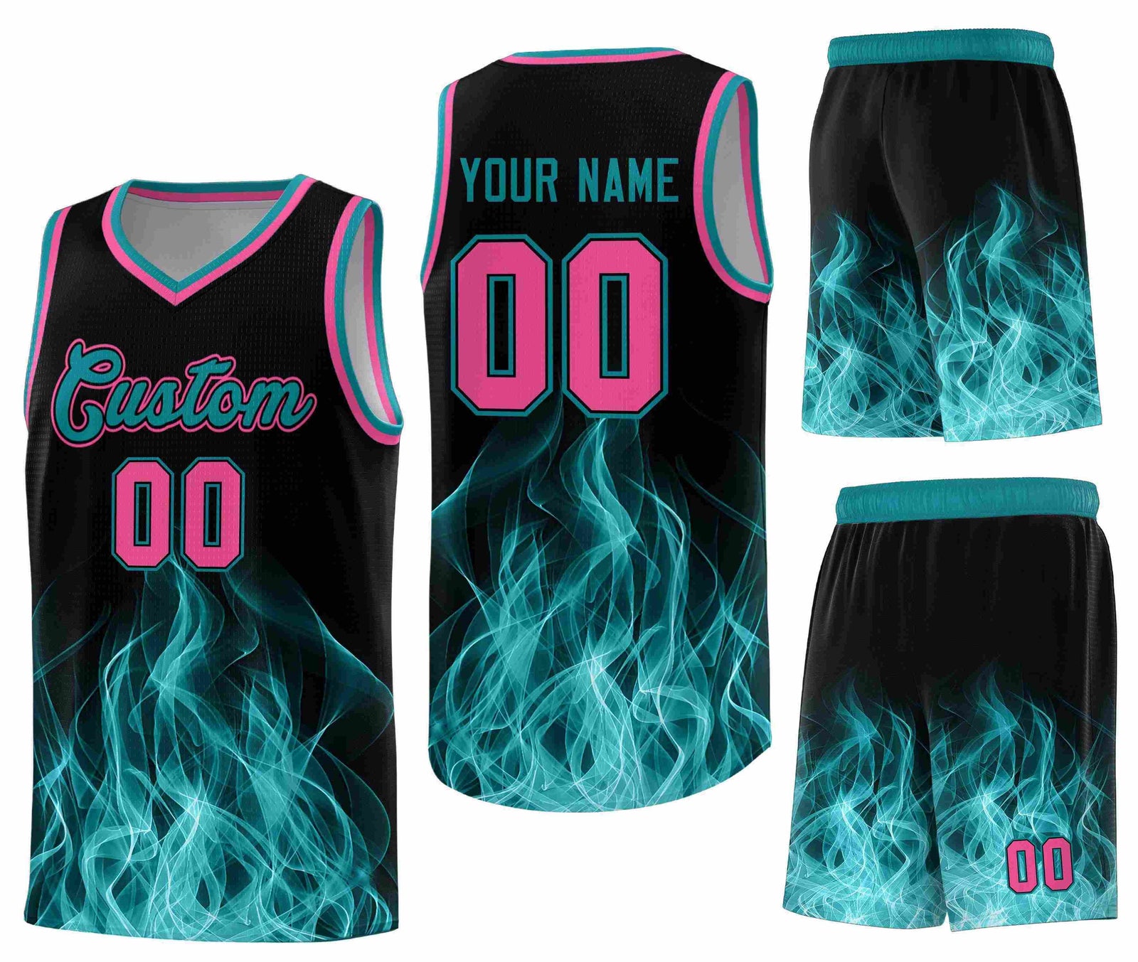 Custom Black Teal Flame Graffiti Pattern Breathable Personalized Uniform Basketball Jersey