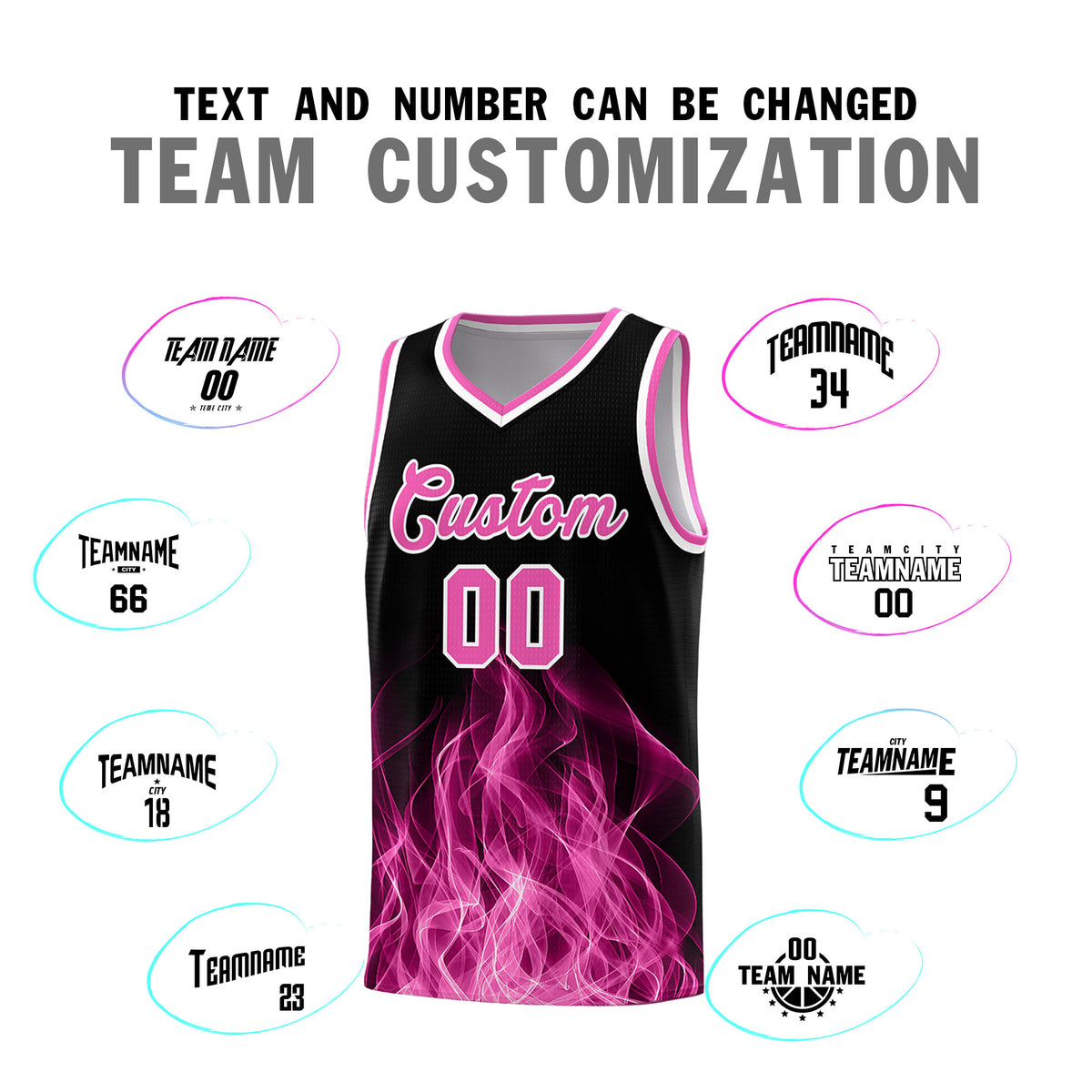 Custom Youth Basketball Jersey Black Pink Flame Fire Design Personalized Team Uniform Set