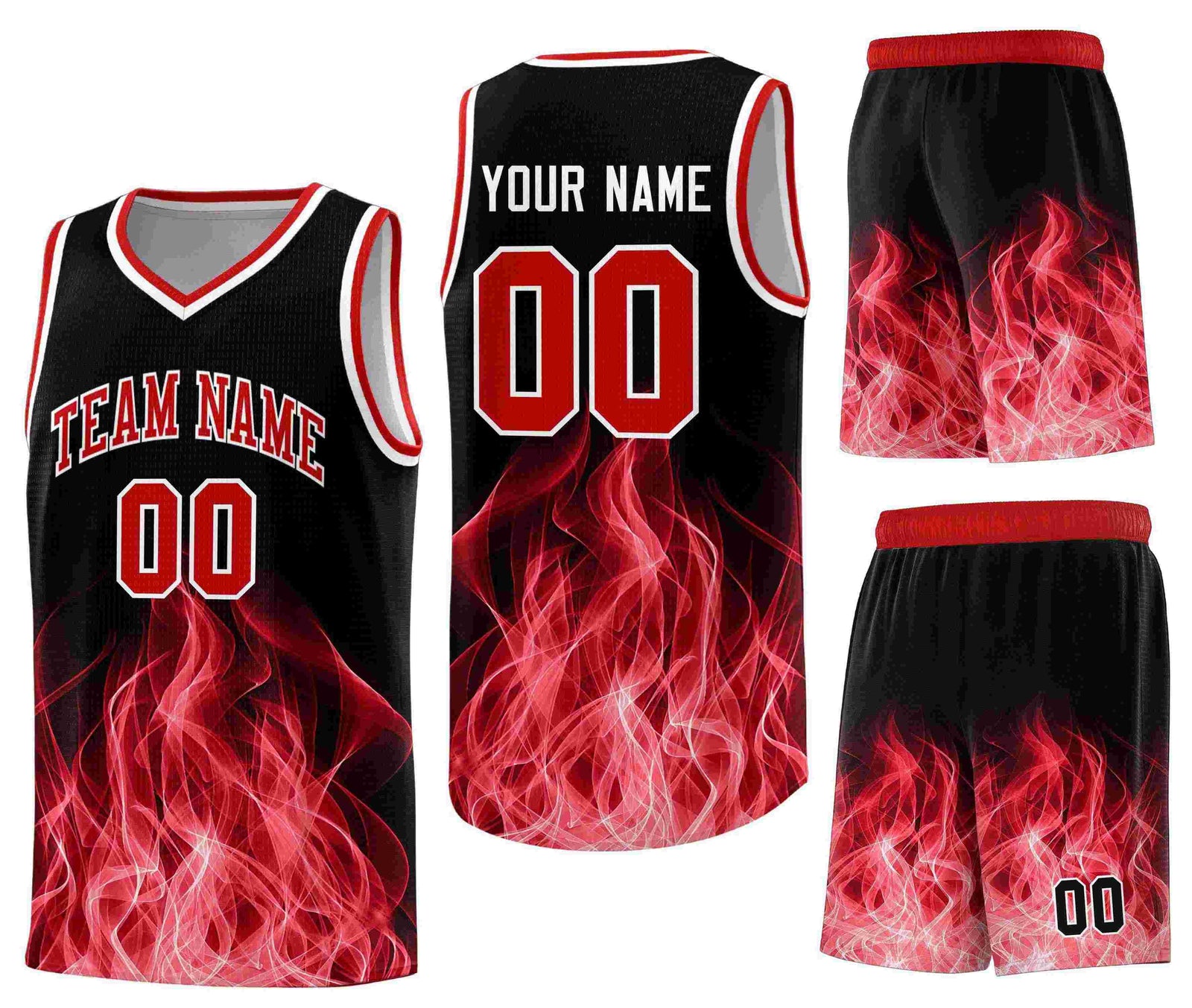 Custom Black Red Flame Graffiti Pattern Breathable Personalized Uniform Basketball Jersey