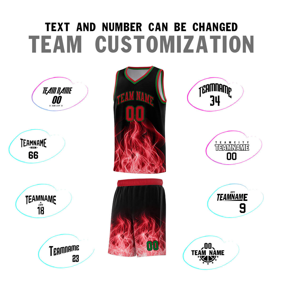 Custom Youth Basketball Jersey Black Red Flame Fire Design Personalized Team Uniform Set