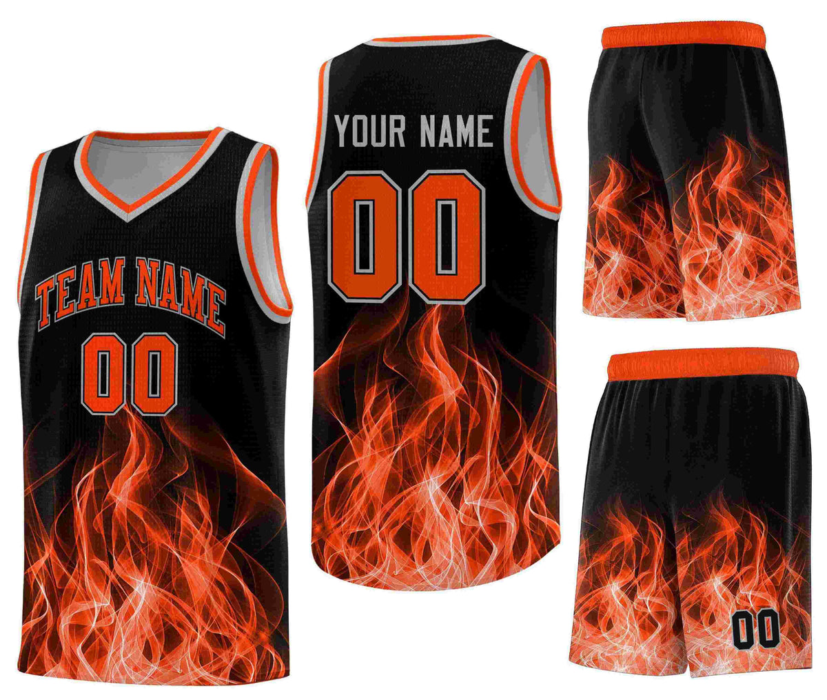 Custom Black Orange Flame Graffiti Pattern Drapable Personalized Uniform Basketball Jersey
