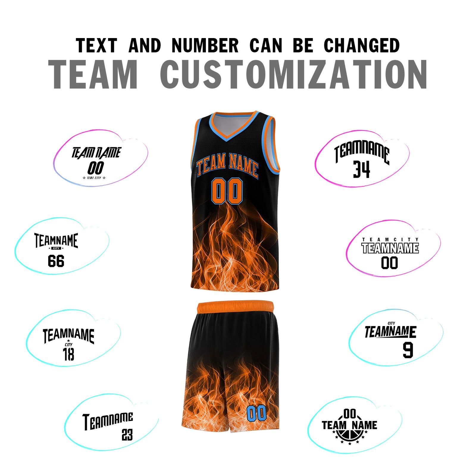 Custom Youth Basketball Jersey Black Orange Flame Design Personalized Team Uniform Set
