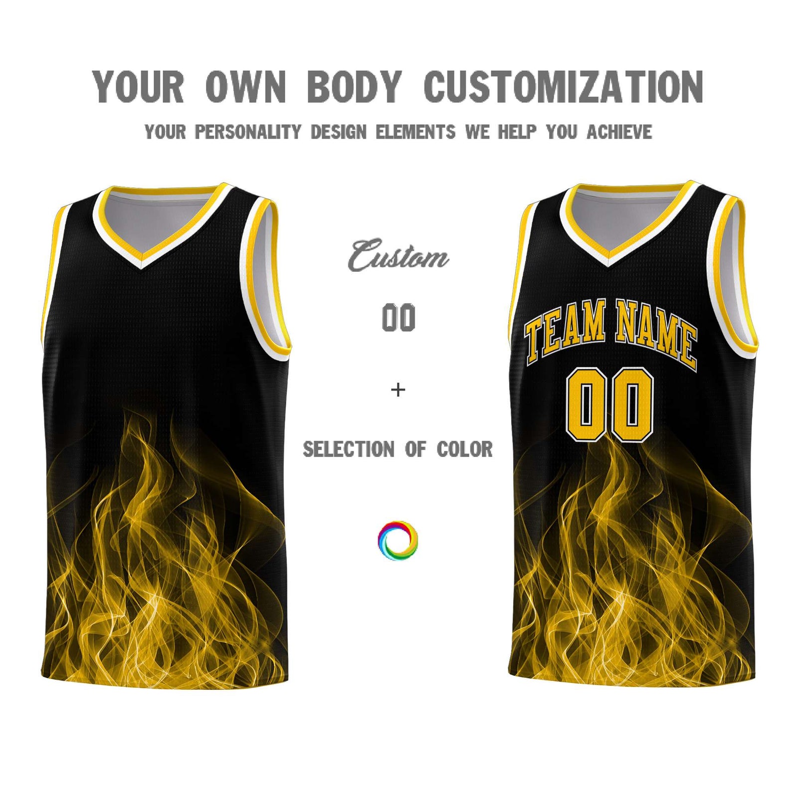 Custom Youth Basketball Jersey Black Yellow Flame Fire Design Personalized Team Uniform Set